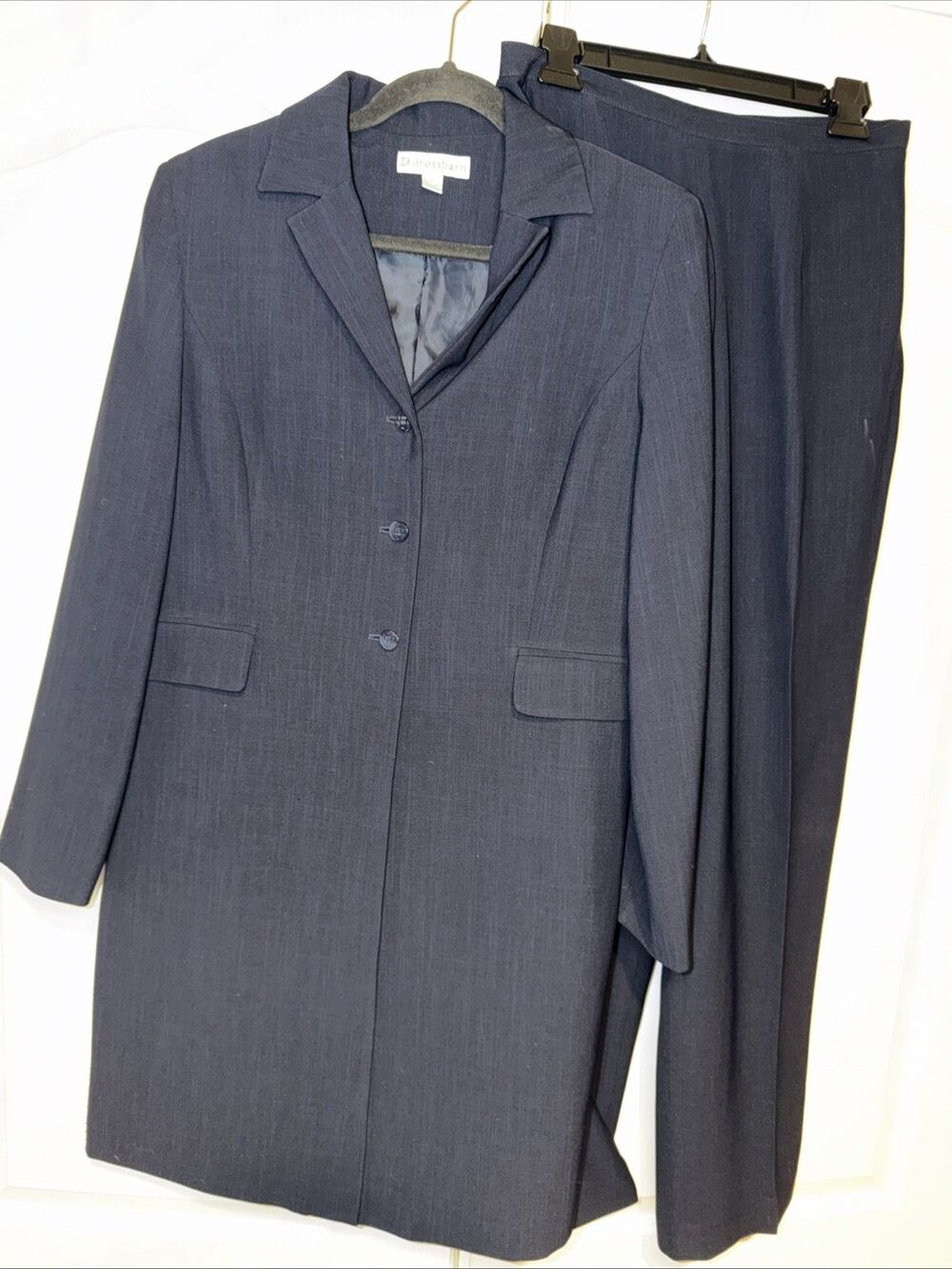 DressBarn Women 10 Blazer Suit Set Pants LongLength Jacket Navy Lined Office EUC